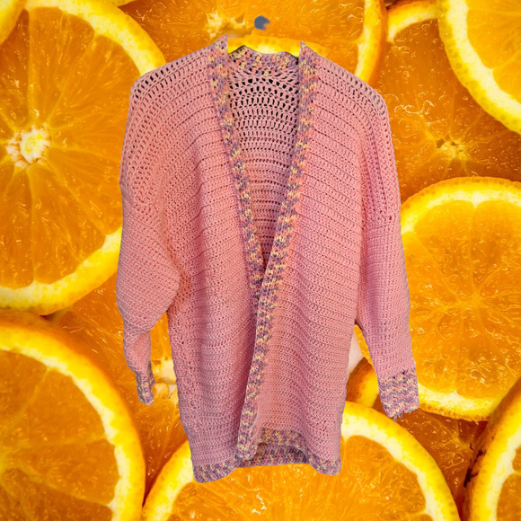 Hand Knit Open Front Long Pink Sweater With Colorful Accents - Picture 3 of 6